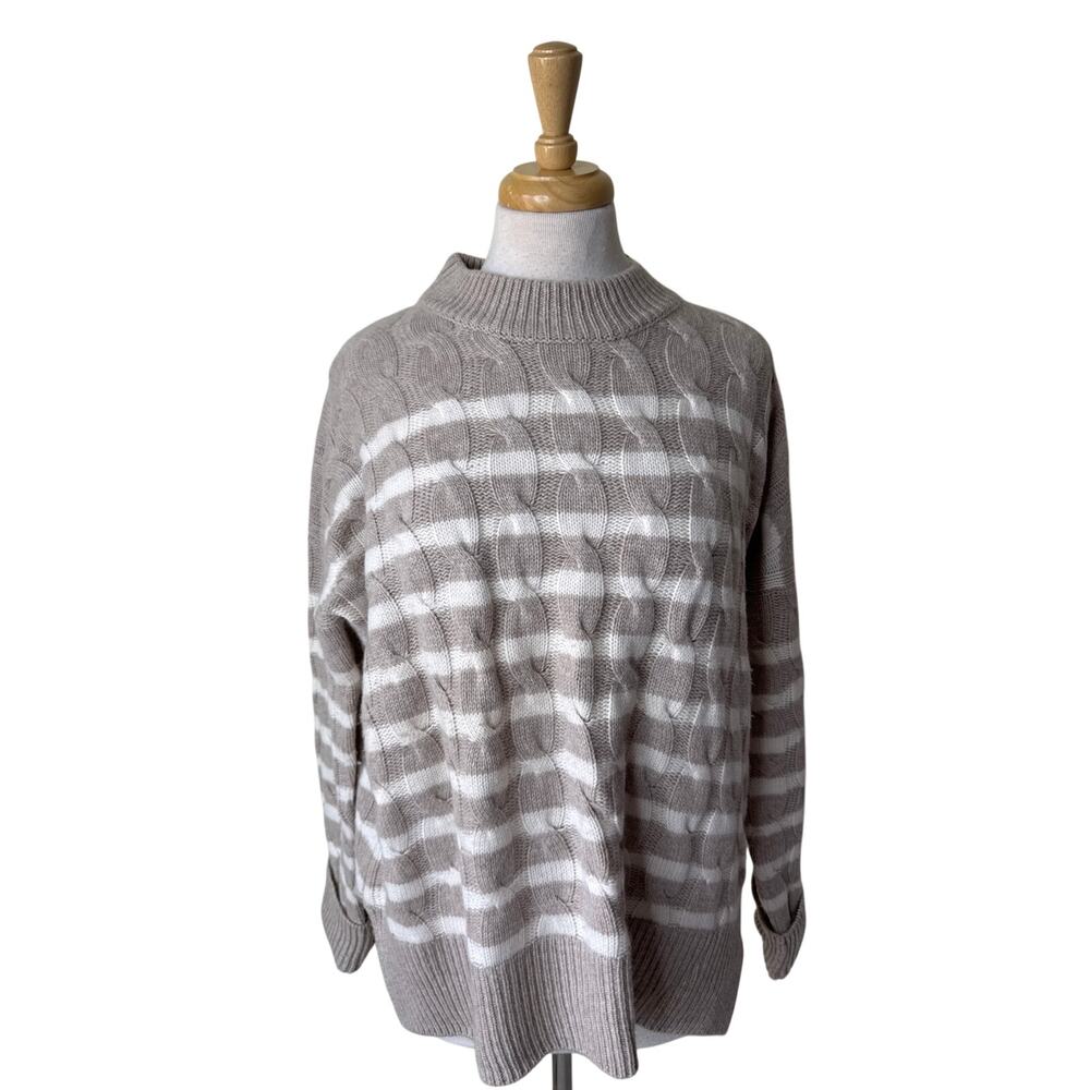 LA LIGNE Wool Cashmere Striped Cable Knit Crewneck Sweater Tan Cream Size Medium